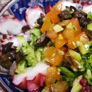 タコキュウリトマトの亜麻仁油サラダ